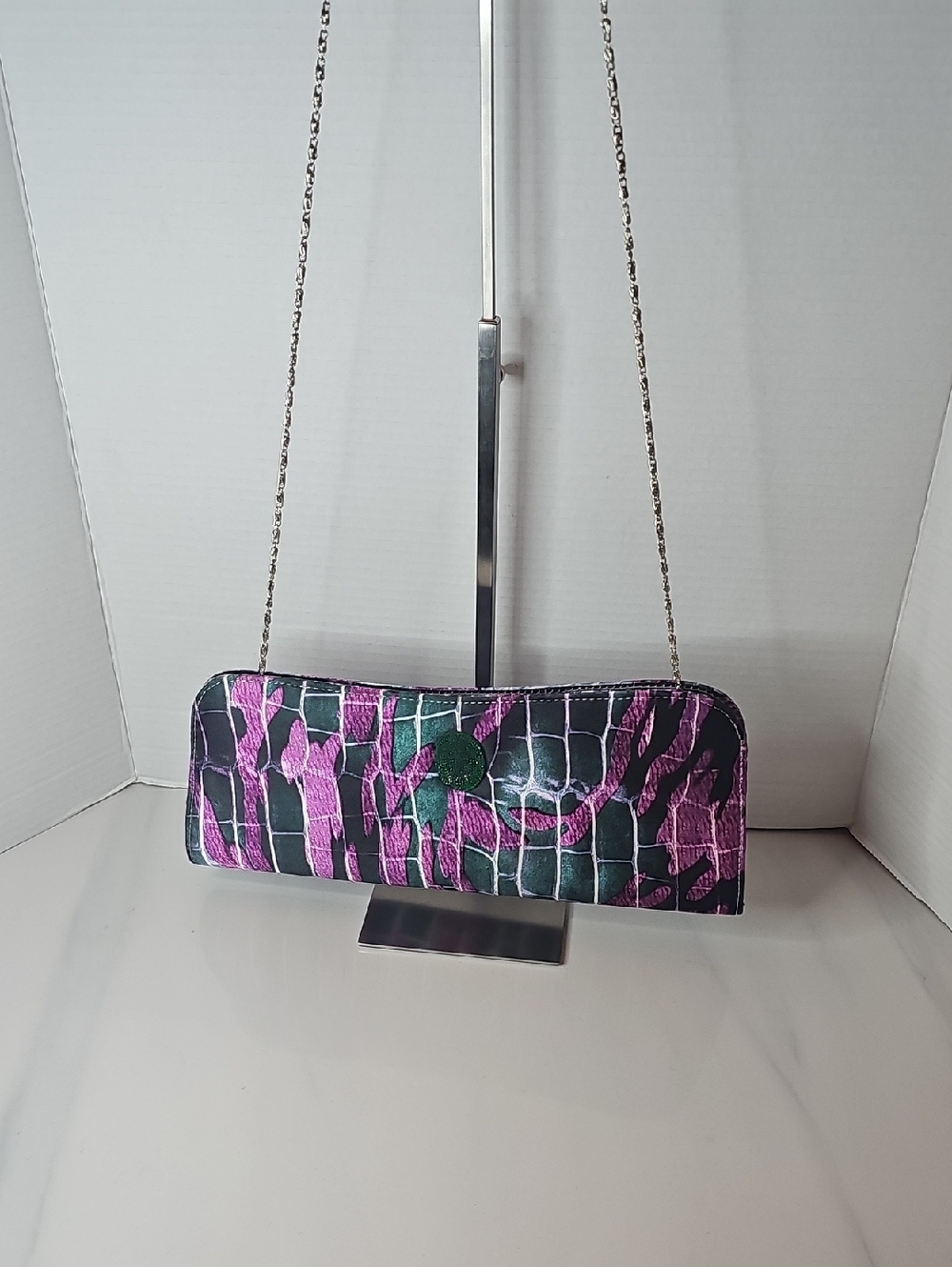 Black and Purple Croc-Embossed Chain Strap Wristlet Clutch